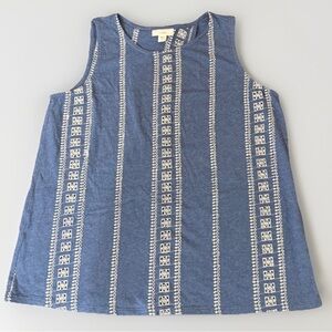 J. Jill Embroidered cotton modest Tank Top‎ Sleeveless Casual Blue White Size S